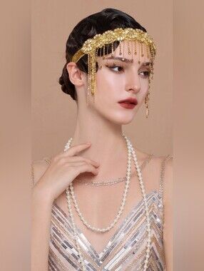 Babeyond Embellished Crystal Rhinstone Chain Headband In Gold 1920s Glamour